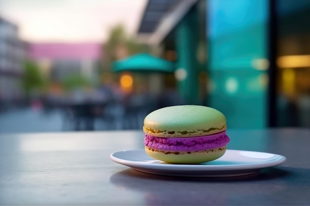 Un macarrón morado se sienta en un plato frente a un restaurante.