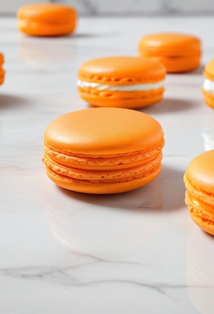 Macarrón naranja con crema blanca en el suelo de mármol