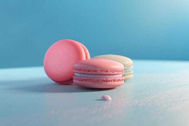 Un macarrón rosa se sienta sobre una mesa azul.