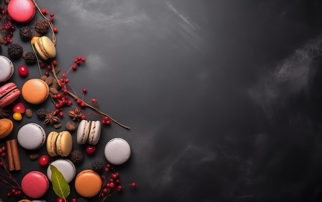 Macarrones y bayas sobre un fondo negro