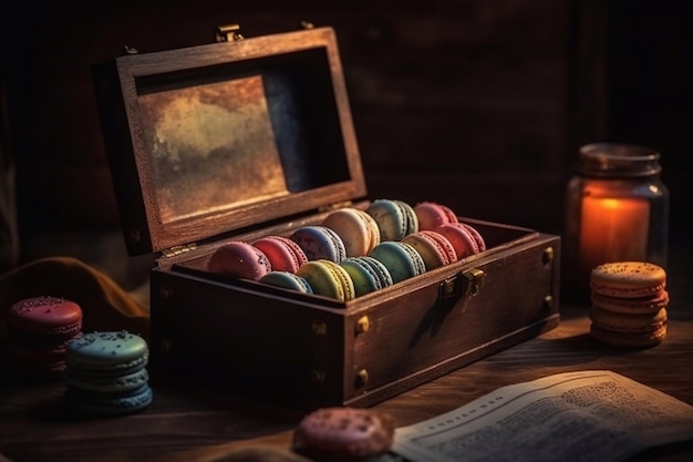 Macarrones de colores en una caja de madera Macarons de regalo Espacio de copia IA generativa