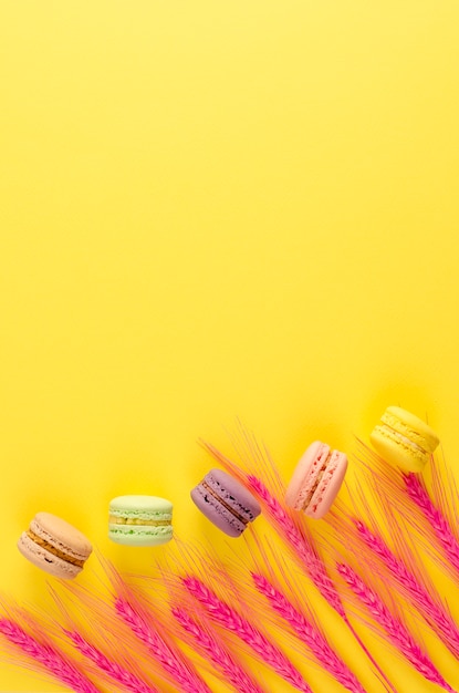 Macarrones coloridos y espiguillas rosadas decorativas en fondo amarillo brillante. copyspace Vertical. Aplanado, sobre la cabeza.