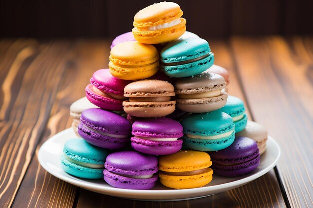 Foto los macarrones coloridos están dispuestos en forma de pirámide.