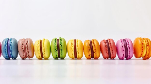 Macarrones coloridos en una fila aislados sobre un fondo blanco