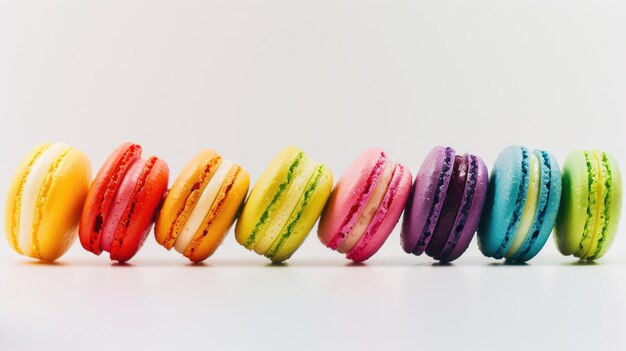 Foto macarrones coloridos en una fila aislados sobre un fondo blanco