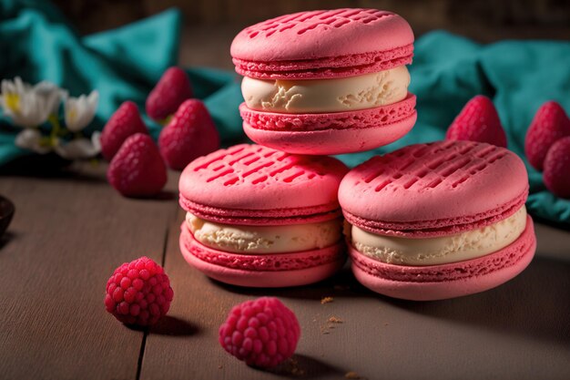 Macarrones deliciosos dulces franceses queso crema y macarrones de frambuesa En la mesa hay macarons