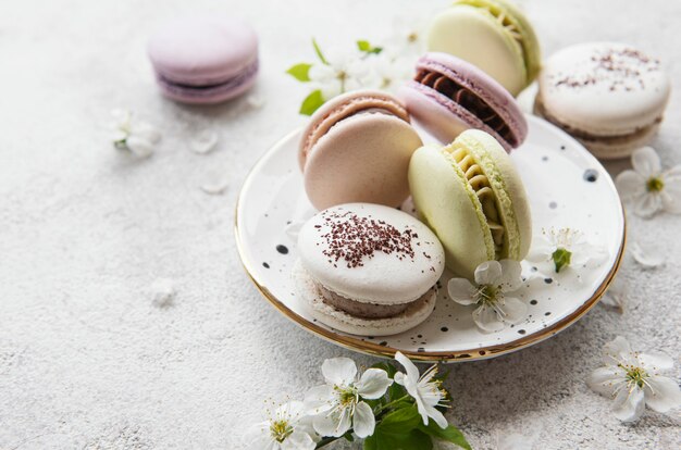 Macarrones dulces franceses variedad colorida sobre un fondo de hormigón con flor de primavera