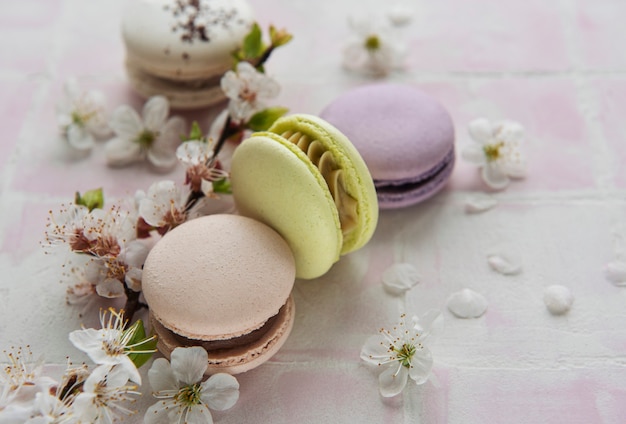 Macarrones dulces franceses variedad colorida sobre un fondo de mosaico rosa con flor de primavera