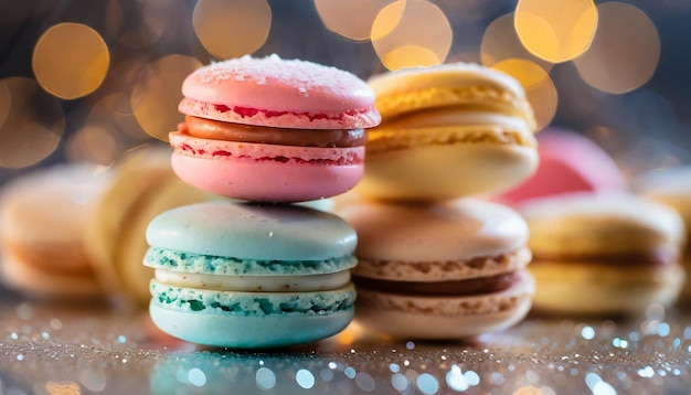 Macarrones franceses coloridos en la mesa bokeh en el fondo postre dulce y sabroso