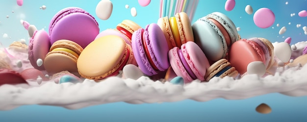 Macarrones franceses dulces aislados sobre un fondo blanco Macarrones coloridos volando