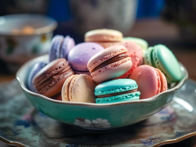 Macarrones franceses dulces y coloridos en un fondo retrovintage generados por Ai