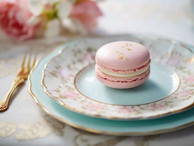 Macarrones franceses en un plato de porcelana con una taza de café