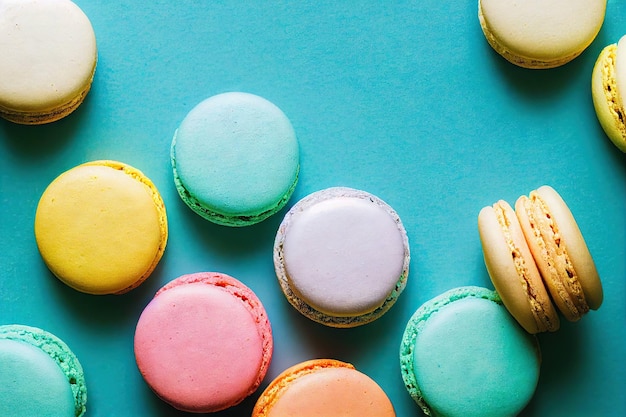 Macarrones de galletas minimalistas de Francia sobre fondo turquesa