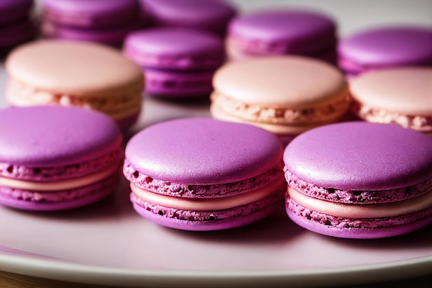 Macarrones de lavanda púrpura dulce pasteles franceses en la mesa