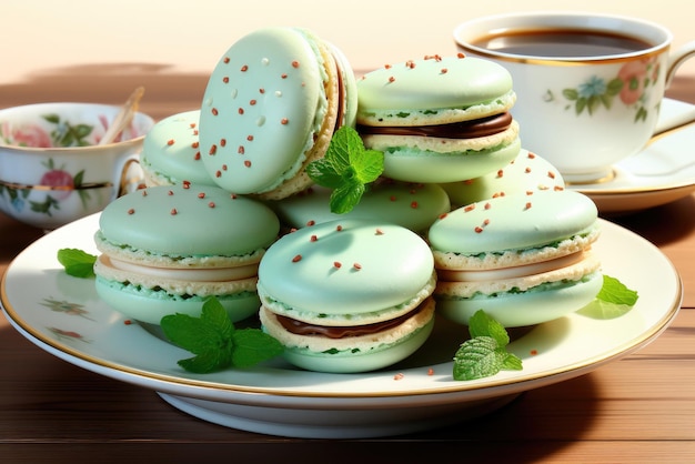 Macarrones de menta en un plato de cerca