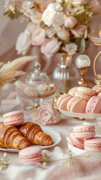 Macarrones y pasteles rosados variados en una mesa