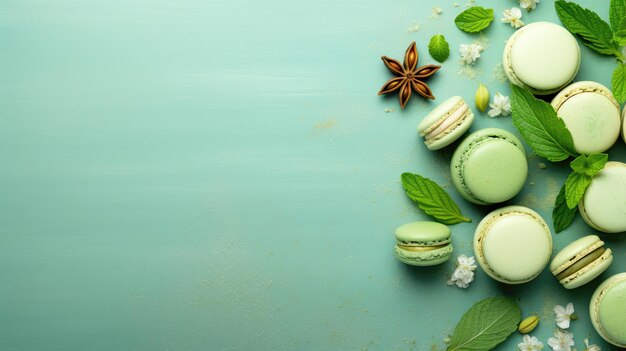 Macarrones de pistacho con pétalos de menta sobre un fondo de color plano espacio de copia orientación horizontal