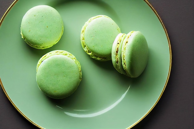 Macarrones de postre crujientes franceses con sabor a pistacho sobre fondo borroso