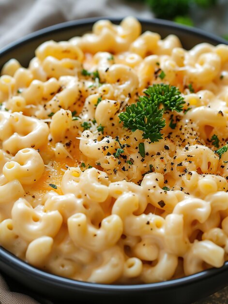 macarrones con queso y hierbas en un tazón en la mesa