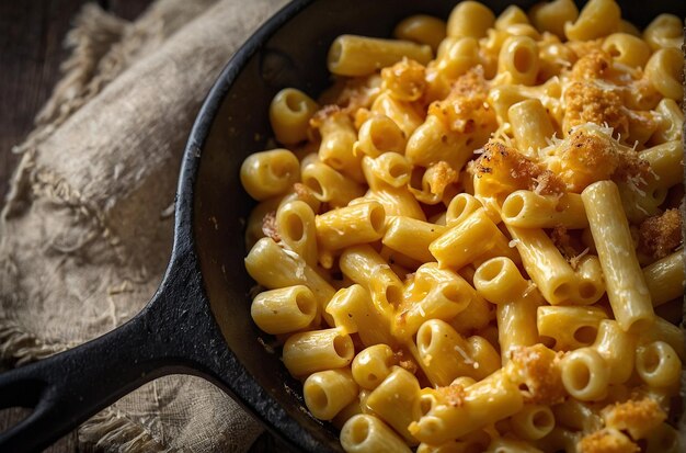 Macarrones y queso en una sartén de castiron