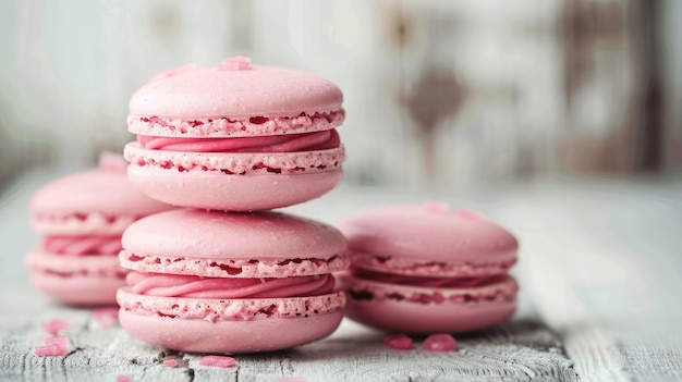 Macarrones rosados dulces o macarrones en una mesa blanca de madera en un café