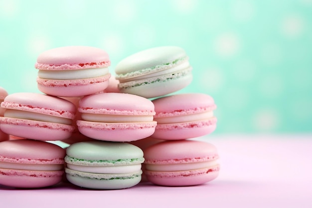 Macarrones rosados de menta pastel en una barra de caramelos en un interior de lujo