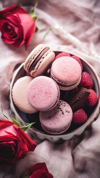 Macarrones y rosas en una cama