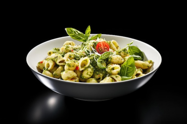 Macarrones con salsa pesto en un tazón sobre fondo negro