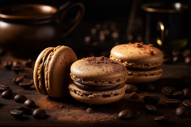 Macarrones sobre una mesa con granos de café sobre la mesa