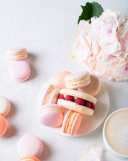 Macarrones y taza de café con flores sobre textura blanca