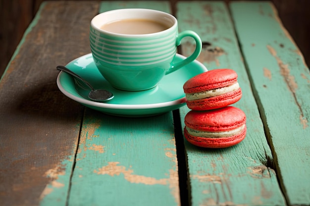 Macarrones con taza de té en la mesa de madera