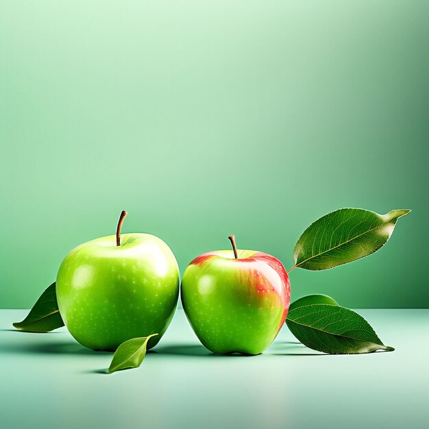 Maçãs e pedaços de maçã no gradiente verde e fundo branco com folhas de alta qualidade