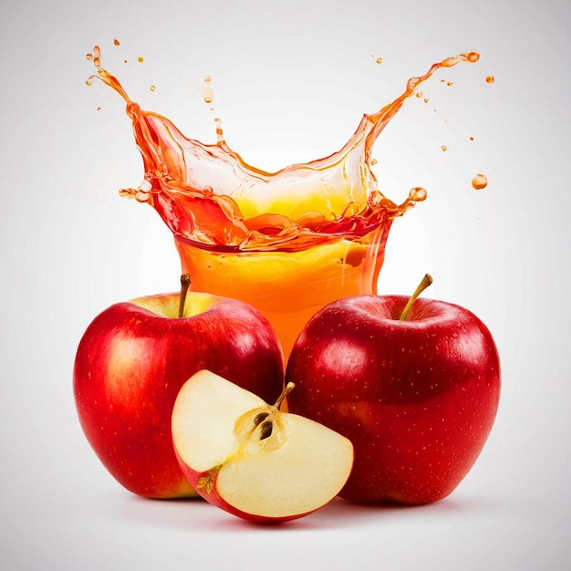 maçãs e suco de maçã com um sendo derramado em um copo
