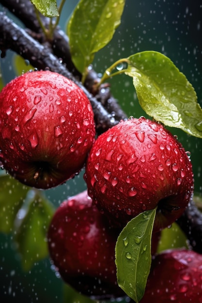 Maçãs em um galho com pingos de chuva sobre eles