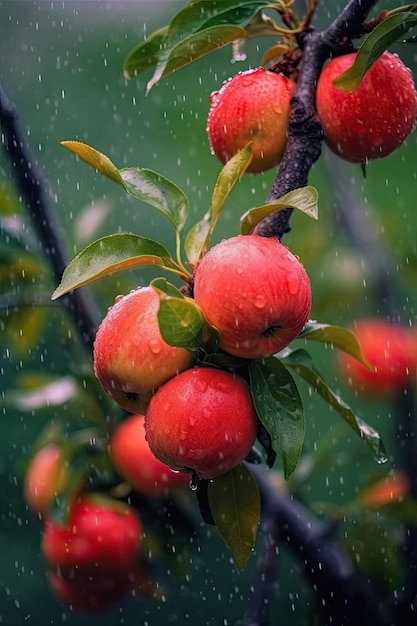 Maçãs em um galho na chuva