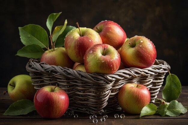 Maçãs frescas com gotas de água no cesto