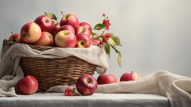 Maçãs orgânicas na cesta na grama de verão Maçãs frescas na natureza