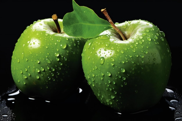 Maçãs verdes frescas com gotas de água em close de fundo preto