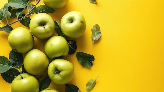 Maçãs verdes vibrantes com folhas em um fundo amarelo brilhante