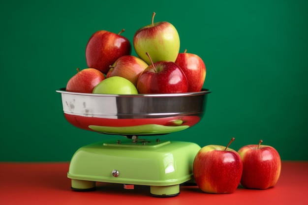Maçãs vermelhas e verdes frescas e suculentas na escala de pesagem como parte da dieta saudável controlada por calorias