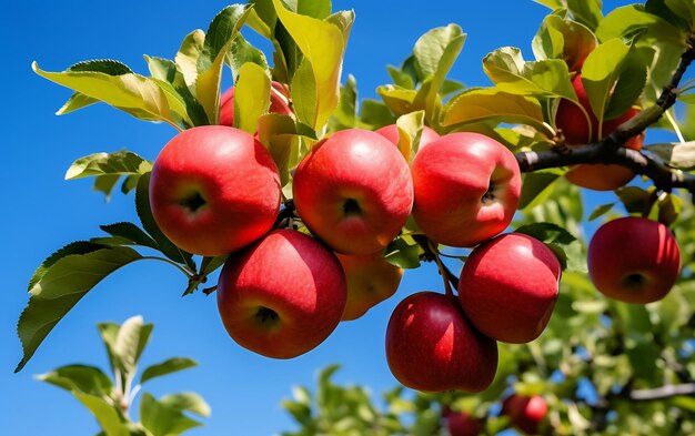 Maçãs vermelhas em um galho de árvore em um pomar no verão