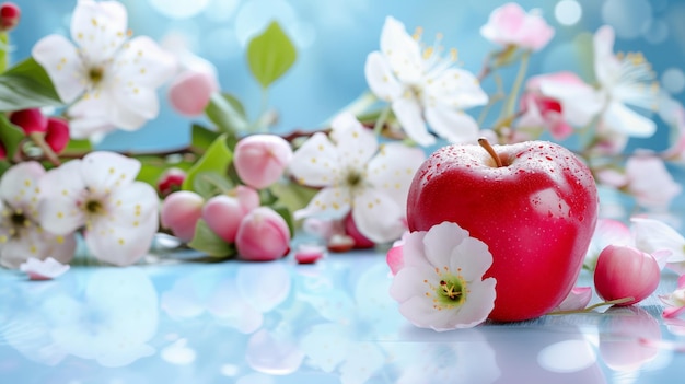 Maçãs vermelhas frescas colocadas com flores de maçã