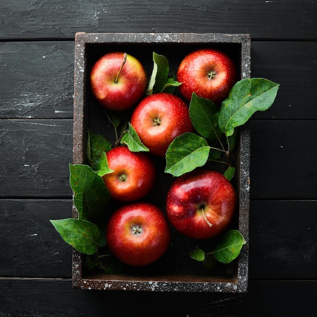 Maçãs vermelhas frescas com folhas verdes em um fundo preto Frutas Vista superior Espaço livre para texto