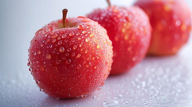 Maçãs vermelhas frescas com gotas de água de fundo comem saudáveis