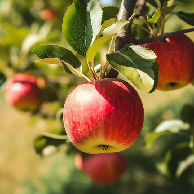 Maçãs vermelhas maduras nos galhos de uma macieira no jardim estão prontas para colheita Generative AI