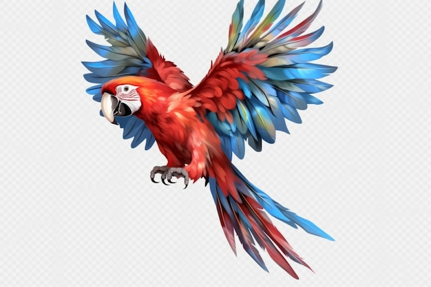 Macaw-Papageienvogel fliegt mit weißem Hintergrund und abgeschnittenem Pfad Generative KI