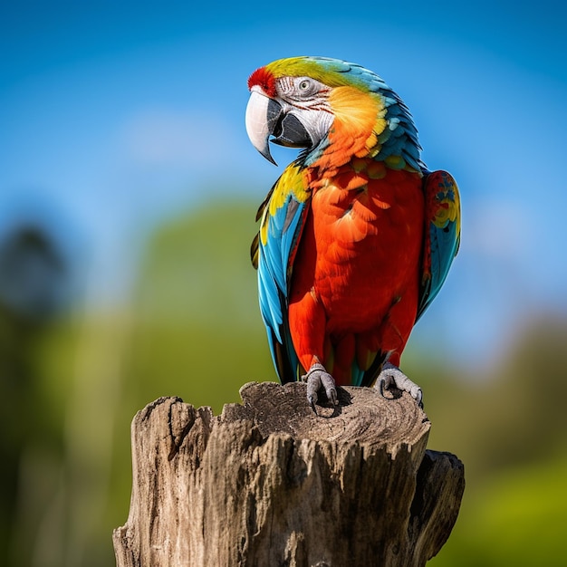 Macaw sitzt auf einem Baumstumpf auf einem Feld mit blauem Himmel