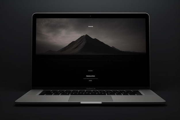 un macbook air está abierto a una pantalla con una montaña en la pantalla.