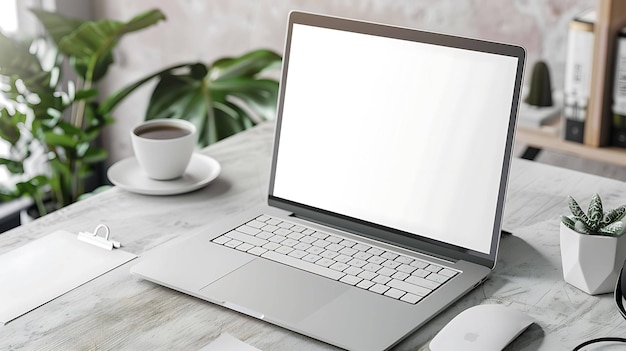 Un macbook plateado se sienta en un escritorio de madera la pantalla está en blanco una taza de café un cuaderno un ratón una planta y un portapapeles también están en el escritorio