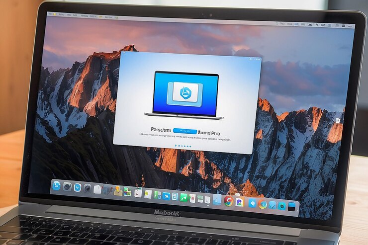 Foto un macbook pro está abierto a una computadora portátil con una caja azul en la pantalla
